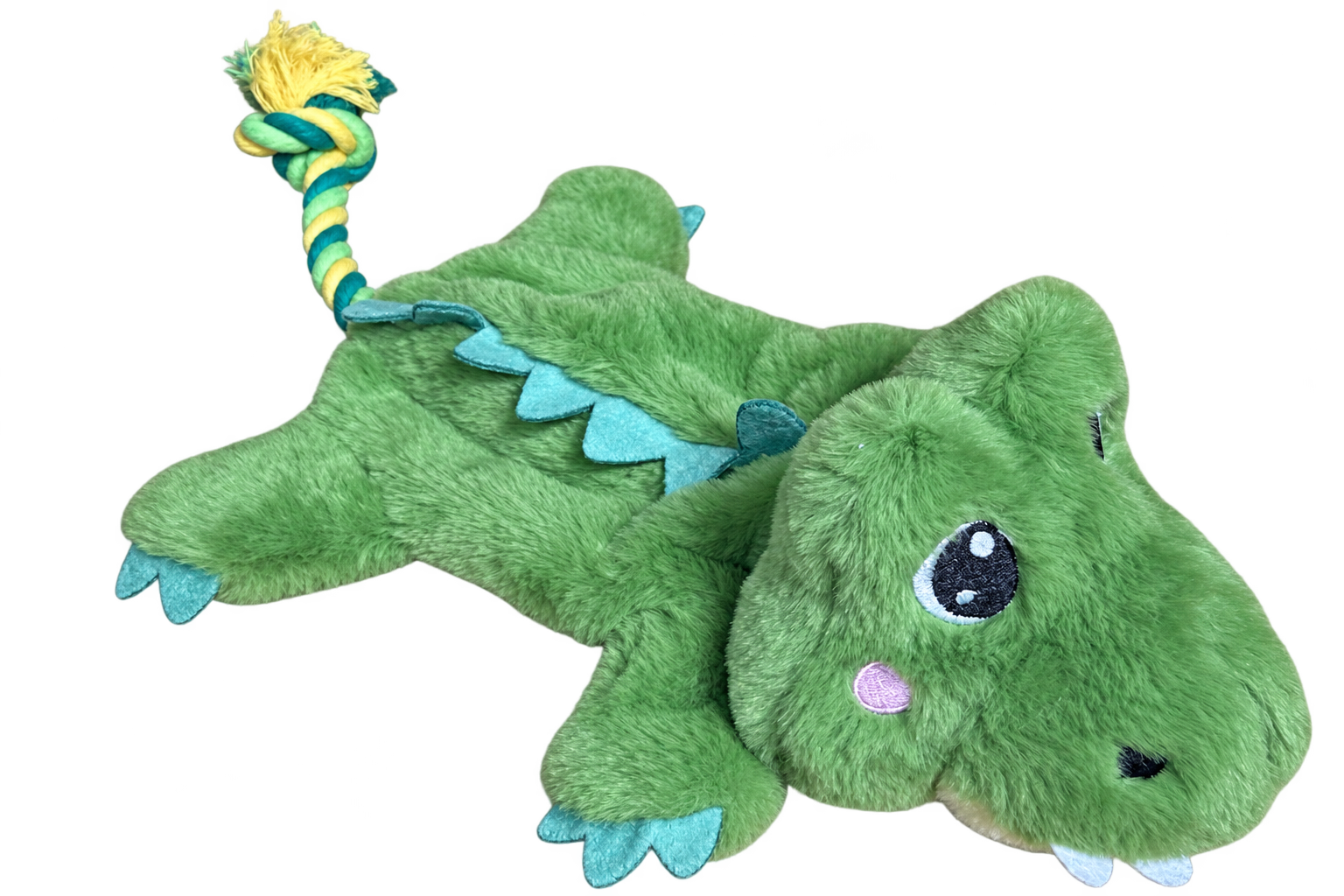 Yoinkin Gator plush dog toy with braided rope tail