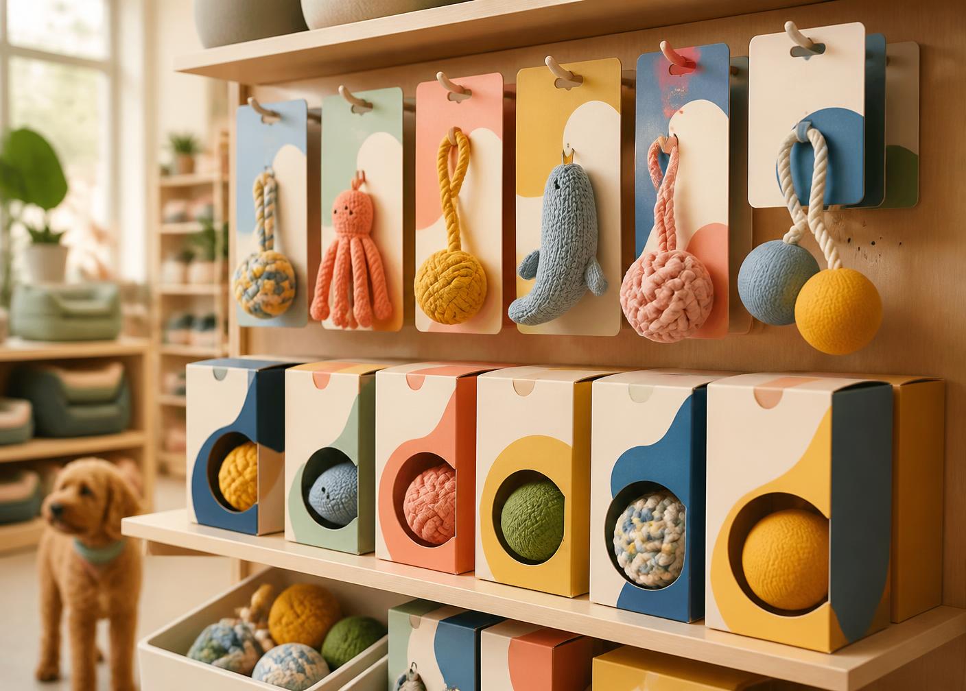 Yoinkin pet toys merchandised on a boutique pet store shelf