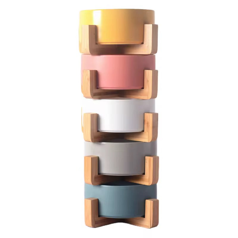 Yoinkin Modern Ceramic Pet Bowl with Bamboo Stand